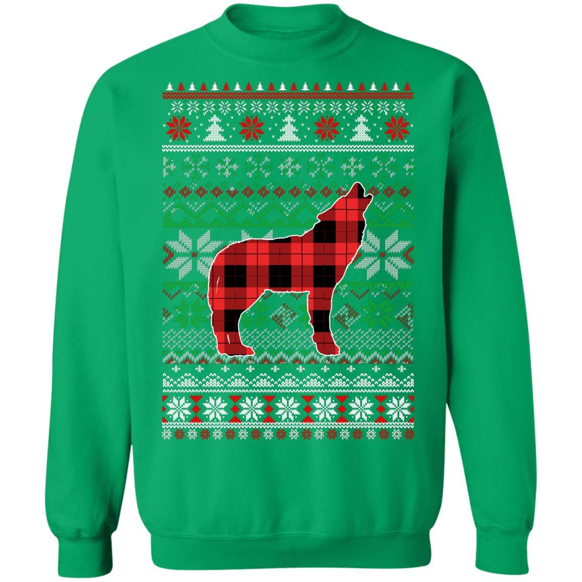 Wolve Red Plaid Ugly Christmas Sweater Funny Gifts-T-Shirt & Sweatshirt-Crewneck Sweatshirt-Irish Green