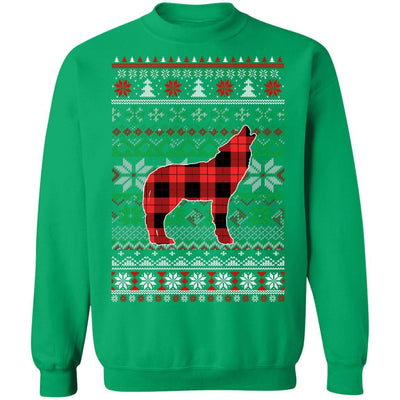 Wolve Red Plaid Ugly Christmas Sweater Funny Gifts-T-Shirt & Sweatshirt-Crewneck Sweatshirt-Irish Green