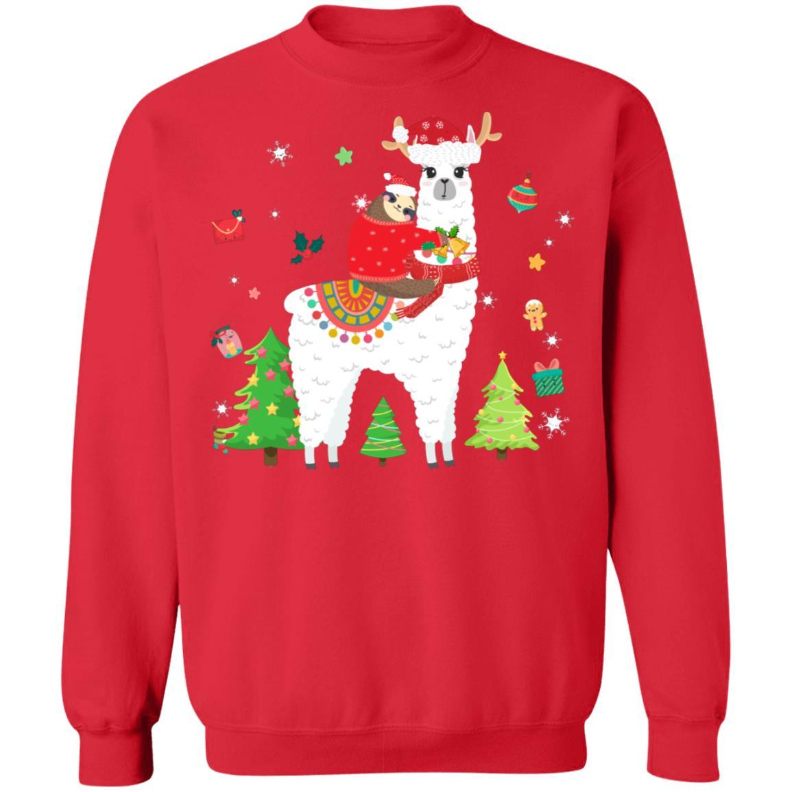 Santa Sloth Riding Llama Reindeer Christmas Gifts-T-Shirt & Sweatshirt-Crewneck Sweatshirt-Red