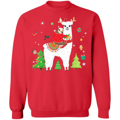 Santa Sloth Riding Llama Reindeer Christmas Gifts-T-Shirt & Sweatshirt-Crewneck Sweatshirt-Red