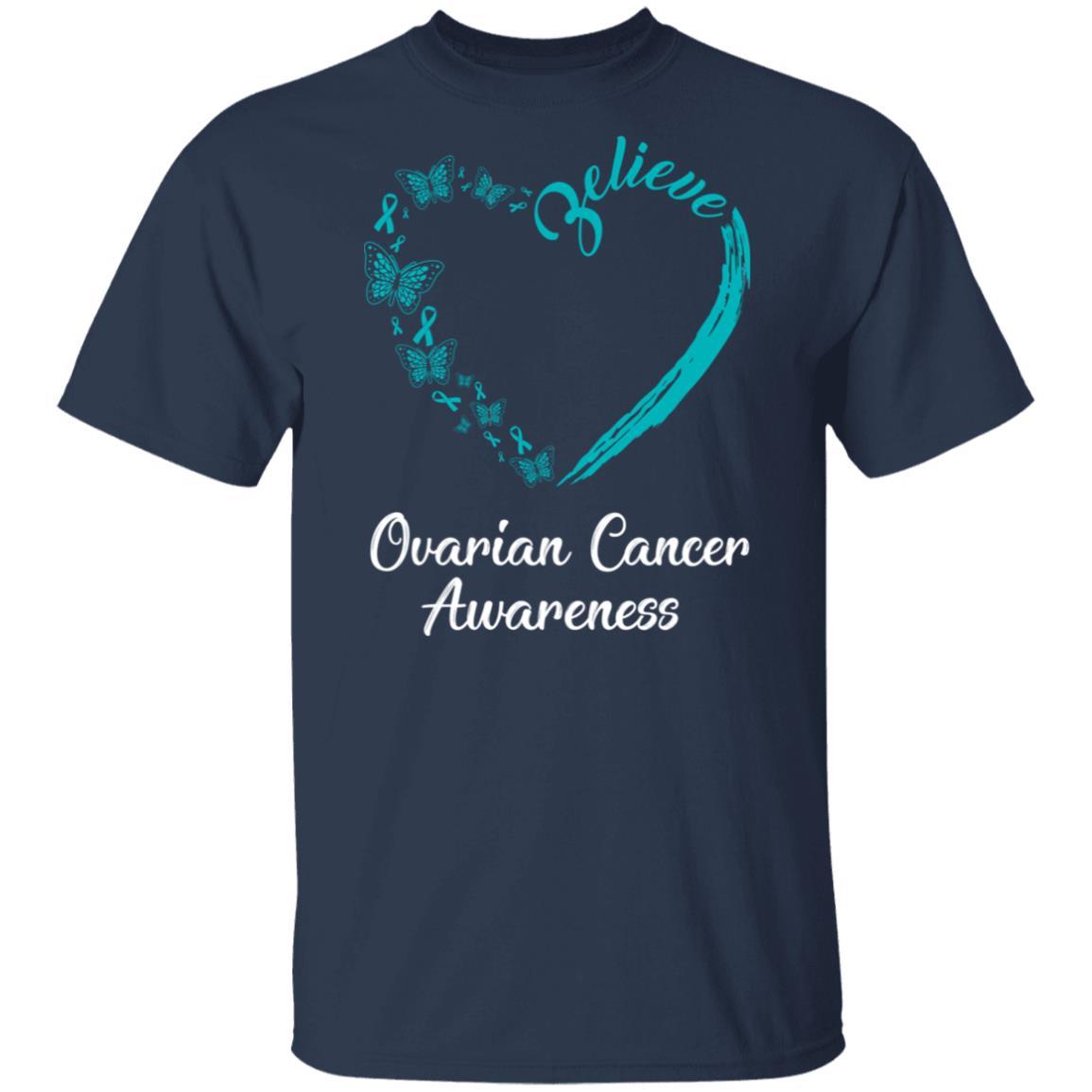 Butterfly Believe Ovarian Cancer Awareness Ribbon Gifts-T-Shirt & Hoodie-Classic T-Shirt-Navy