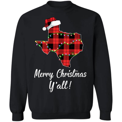 Merry Christmas Y'all Texas State Red Plaid Gift-T-Shirt & Sweatshirt-Crewneck Sweatshirt-Black