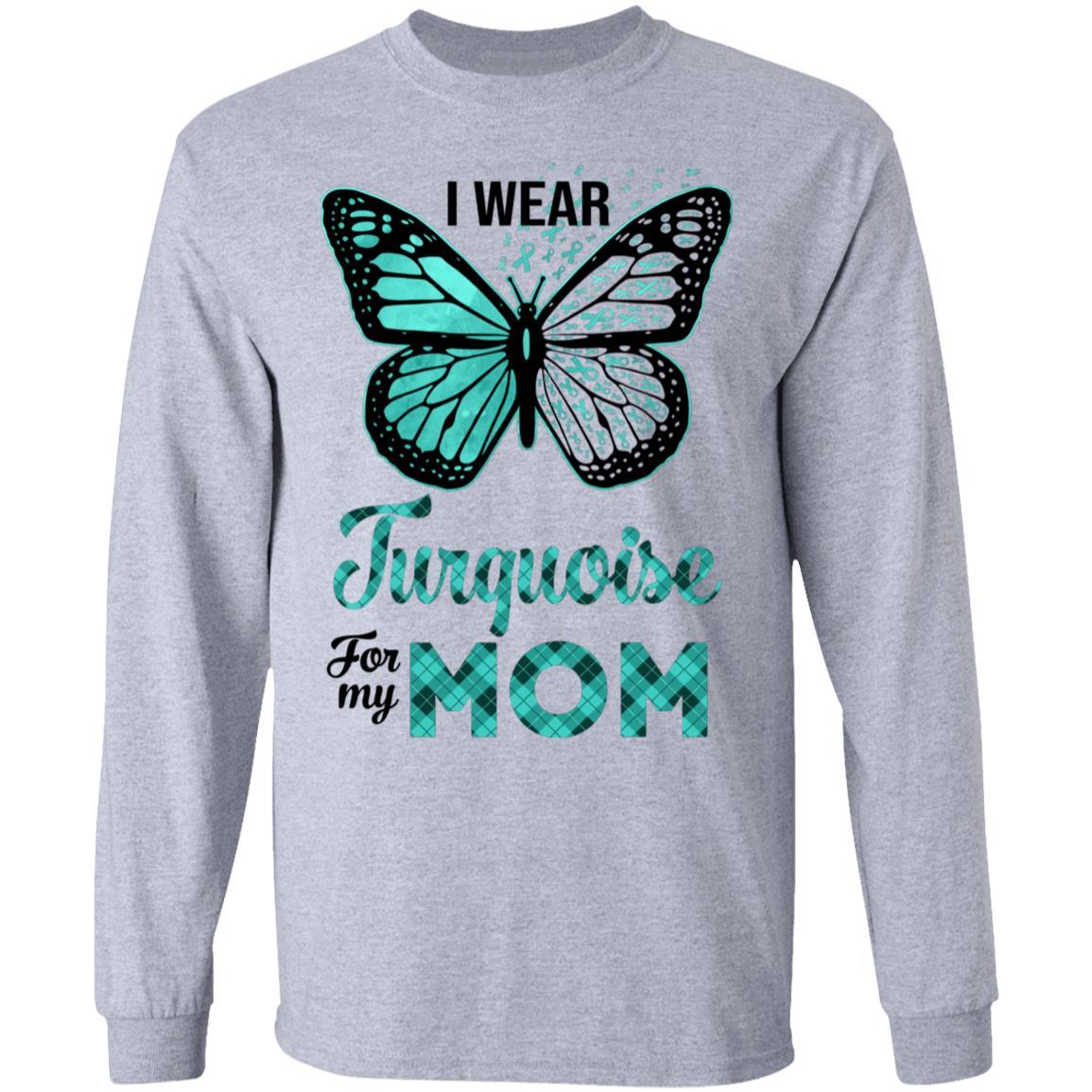 I Wear Turquoise For My Mom Butterfly Dysautonomia Awareness-T-Shirt & Hoodie-Long Sleeve T-Shirt-Sport Grey