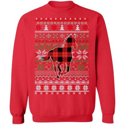 Horse Red Plaid Ugly Christmas Sweater Funny Gifts-T-Shirt & Sweatshirt-Crewneck Sweatshirt-Red