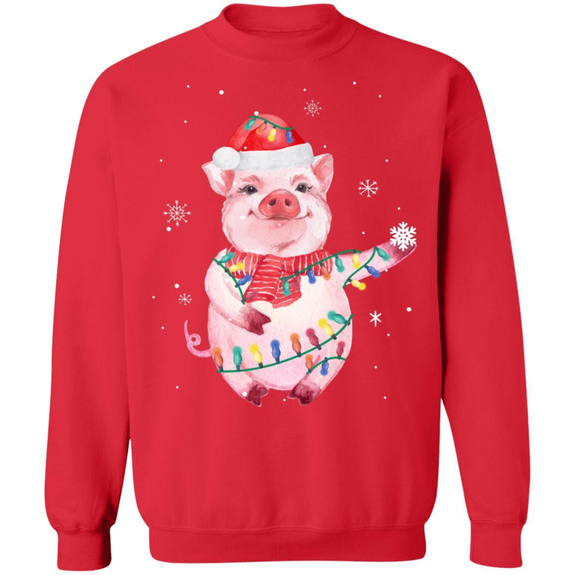 Santa Pig Christmas Lights Pig Lover Christmas Gift-T-Shirt & Sweatshirt-Crewneck Sweatshirt-Red