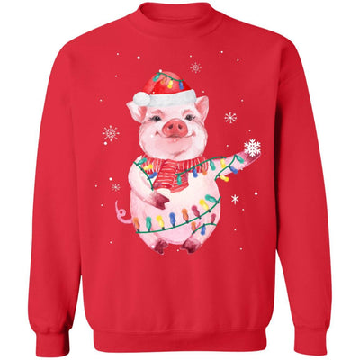 Santa Pig Christmas Lights Pig Lover Christmas Gift-T-Shirt & Sweatshirt-Crewneck Sweatshirt-Red