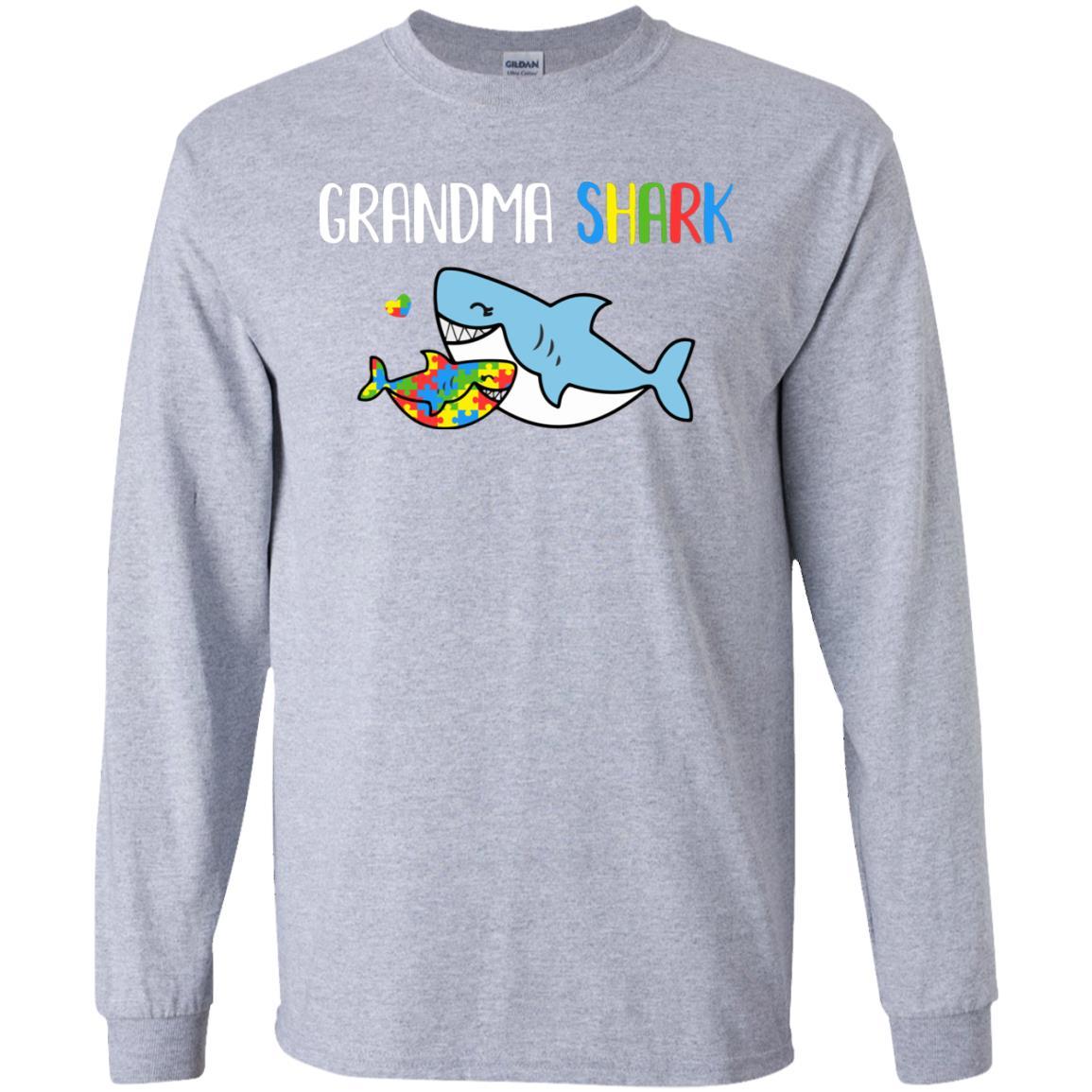 Grandma Shark Support Autism Awareness For Grandchild-T-Shirt & Hoodie-Long Sleeve T-Shirt-Sport Grey