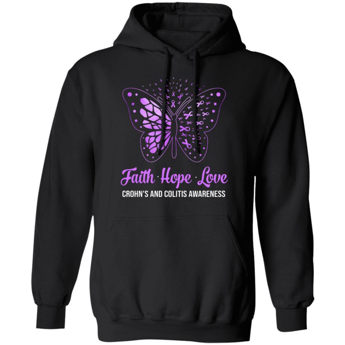 Faith Hope Love Purple Butterfly Crohn's Colitis Awareness-T-Shirt & Hoodie-Pullover Hoodie-Black