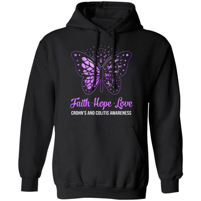 Faith Hope Love Purple Butterfly Crohn's Colitis Awareness-T-Shirt & Hoodie-Pullover Hoodie-Black