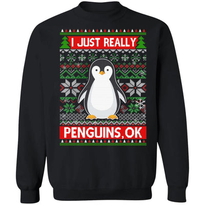 I Just Really Like Penguins Ok Ugly Christmas Sweater-T-Shirt & Sweatshirt-Crewneck Sweatshirt-Black