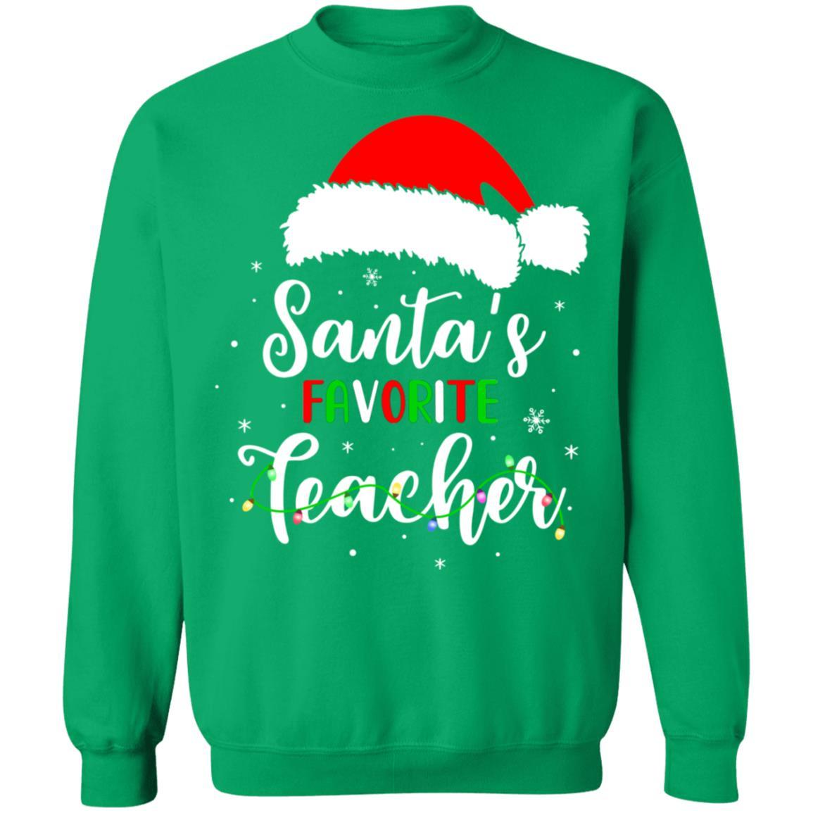 Santa's Favorite Teacher Santa Hat Christmas Light Gift-T-Shirt & Sweatshirt-Crewneck Sweatshirt-Irish Green