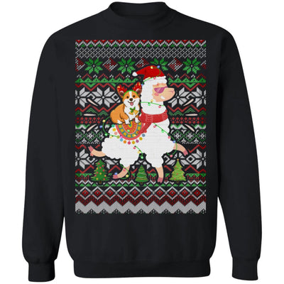 Funny Corgi Riding Llama Ugly Christmas Sweater Gifts-T-Shirt & Sweatshirt-Crewneck Sweatshirt-Black