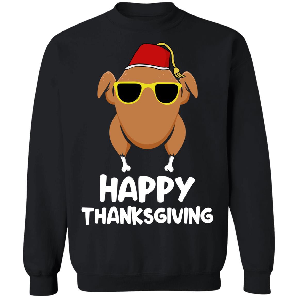 Turkey Head Happy Thanksgiving Glasses Red Hat Funny-T-Shirt & Sweatshirt-Crewneck Sweatshirt-Black