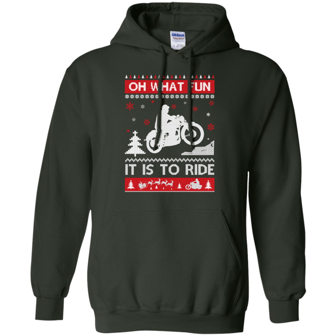 Motorcycle Sweater Christmas Oh What Fun It Is To Ride-T-Shirt & Hoodie-Pullover Hoodie-Forest Green