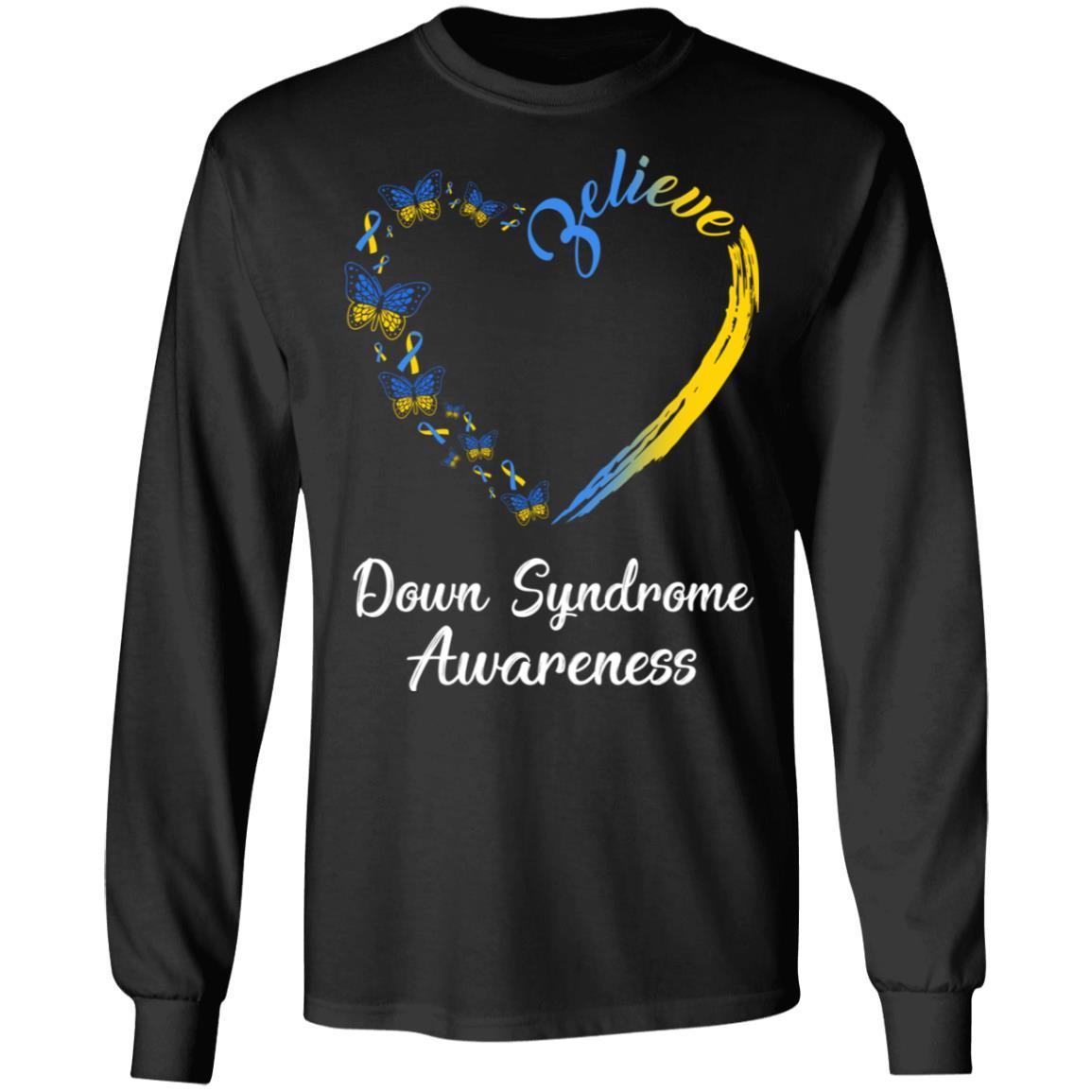 Butterfly Believe Down Syndrome Awareness Ribbon Gifts-T-Shirt & Hoodie-Long Sleeve T-Shirt-Black