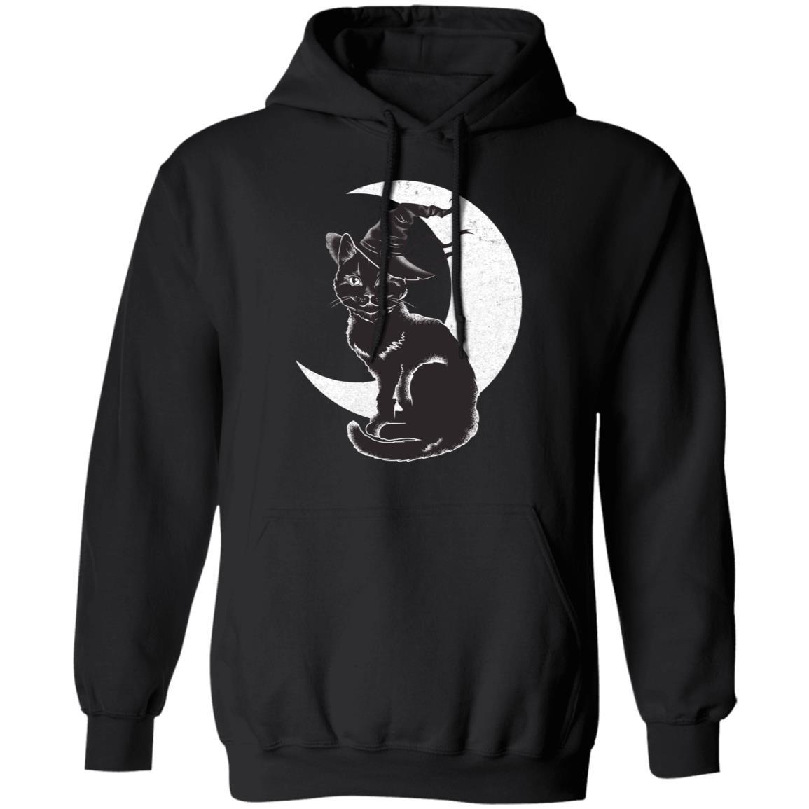 Vintage Scary Halloween Black Cat Costume Witch Hat Moon-T-Shirt & Hoodie-Pullover Hoodie-Black