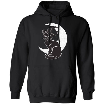 Vintage Scary Halloween Black Cat Costume Witch Hat Moon-T-Shirt & Hoodie-Pullover Hoodie-Black