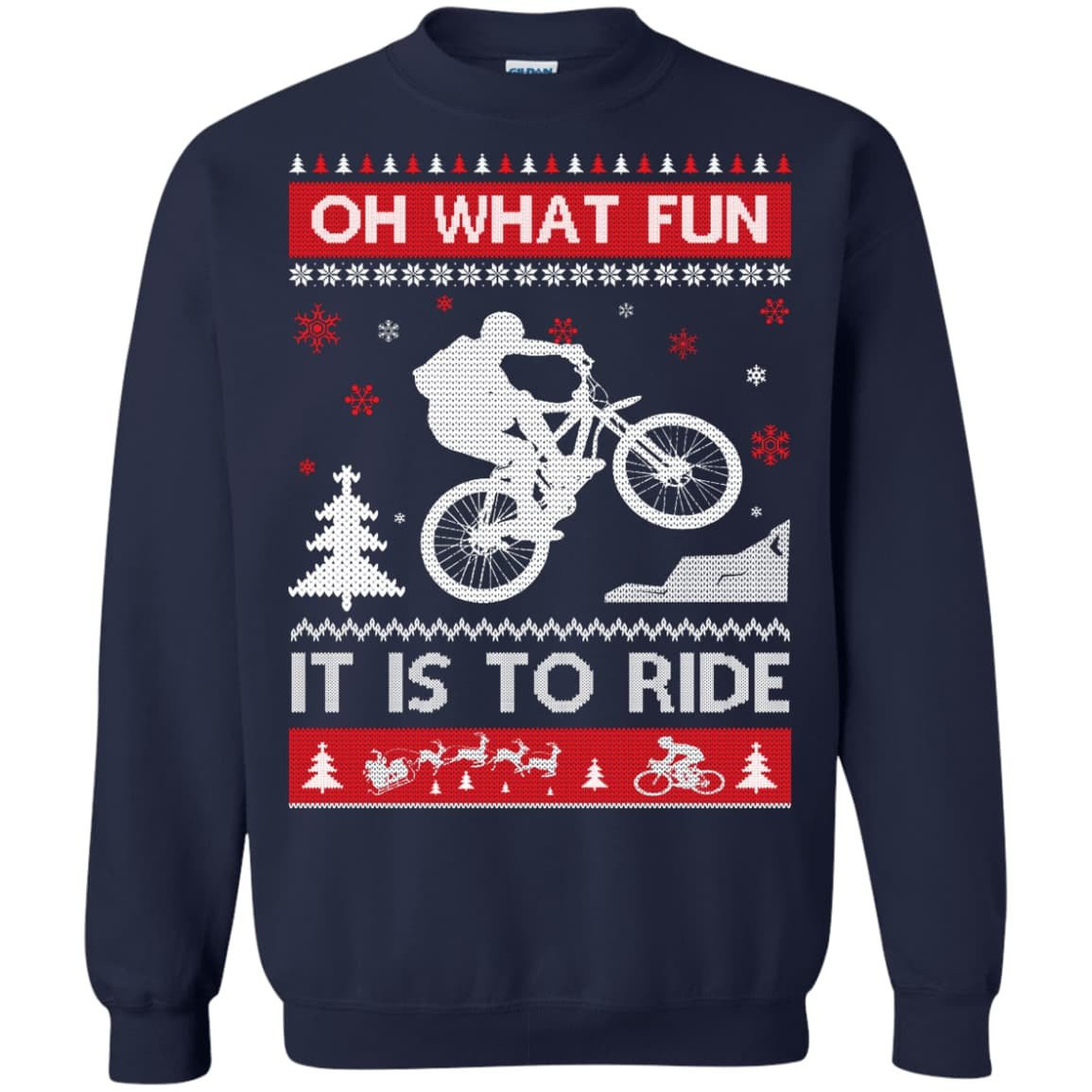 Bicycle Sweater Christmas Oh What Fun It Is To Ride-T-Shirt & Hoodie-Crewneck Sweatshirt-Navy