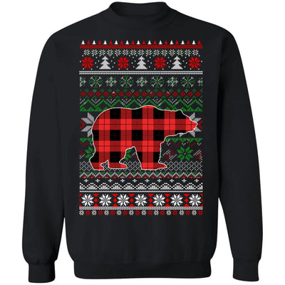 Bear Red Plaid Ugly Christmas Sweater Funny Gifts-T-Shirt & Sweatshirt-Crewneck Sweatshirt-Black