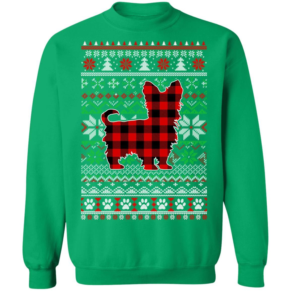 Yorkie Red Plaid Ugly Christmas Sweater Gifts-T-Shirt & Sweatshirt-Crewneck Sweatshirt-Irish Green