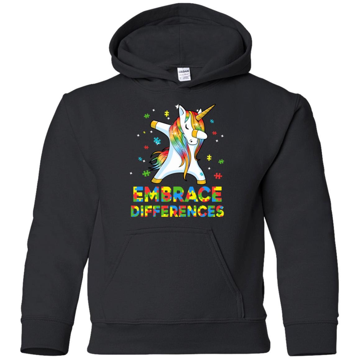 Dabbing Unicorn Autism Awareness Embrace Differences Youth-Youth Shirt-Youth Pullover Hoodie-Black