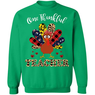 One Thankful Teacher Leopard Turkey Thanksgiving Gift-T-Shirt & Sweatshirt-Crewneck Sweatshirt-Irish Green