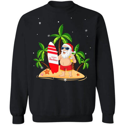 Merry Christmas In July Santa Hawaiian Surfing Summer-T-Shirt & Sweatshirt-Crewneck Sweatshirt-Black
