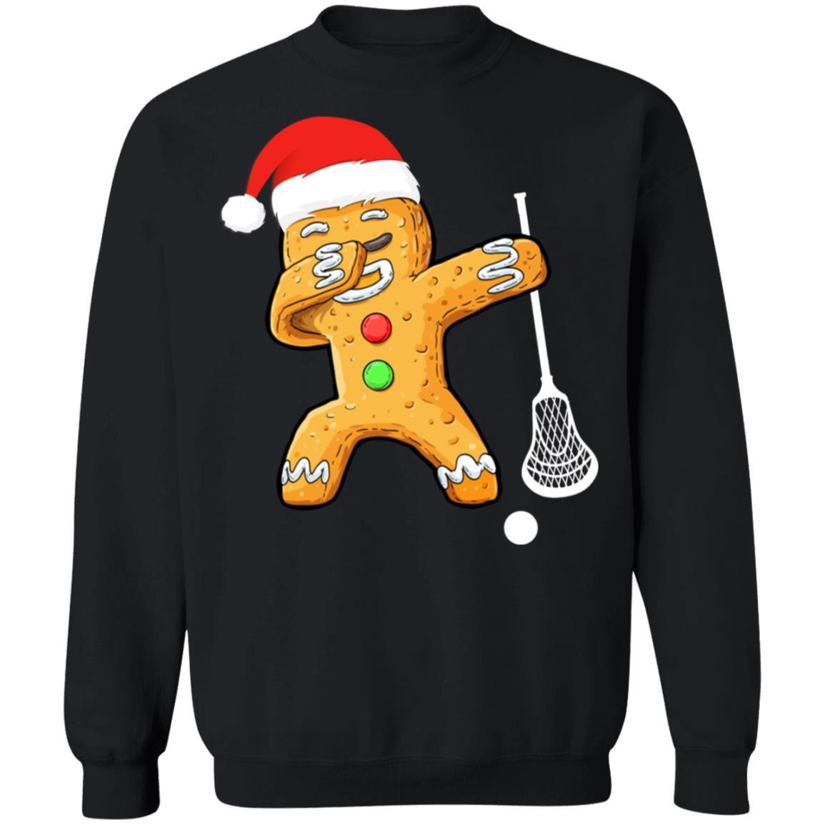 Dabbing Gingerbread Santa Lacrosse Christmas Pajama Gifts-T-Shirt & Sweatshirt-Crewneck Sweatshirt-Black