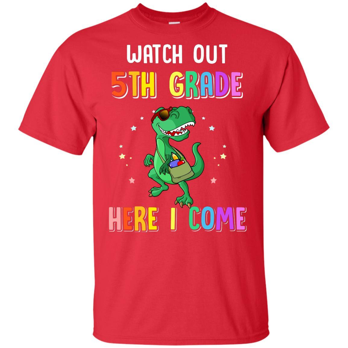 5th Grade Here I Come Dinosaur Back To School Youth-Youth Shirt-Youth T-Shirt-Red