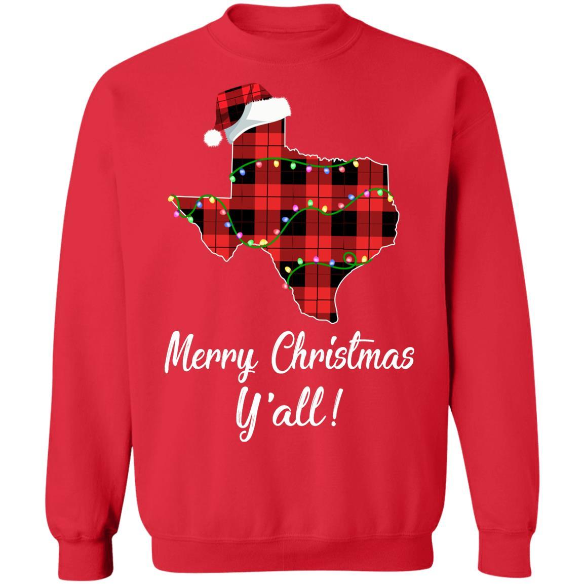 Merry Christmas Y'all Texas State Red Plaid Gift-T-Shirt & Sweatshirt-Crewneck Sweatshirt-Red