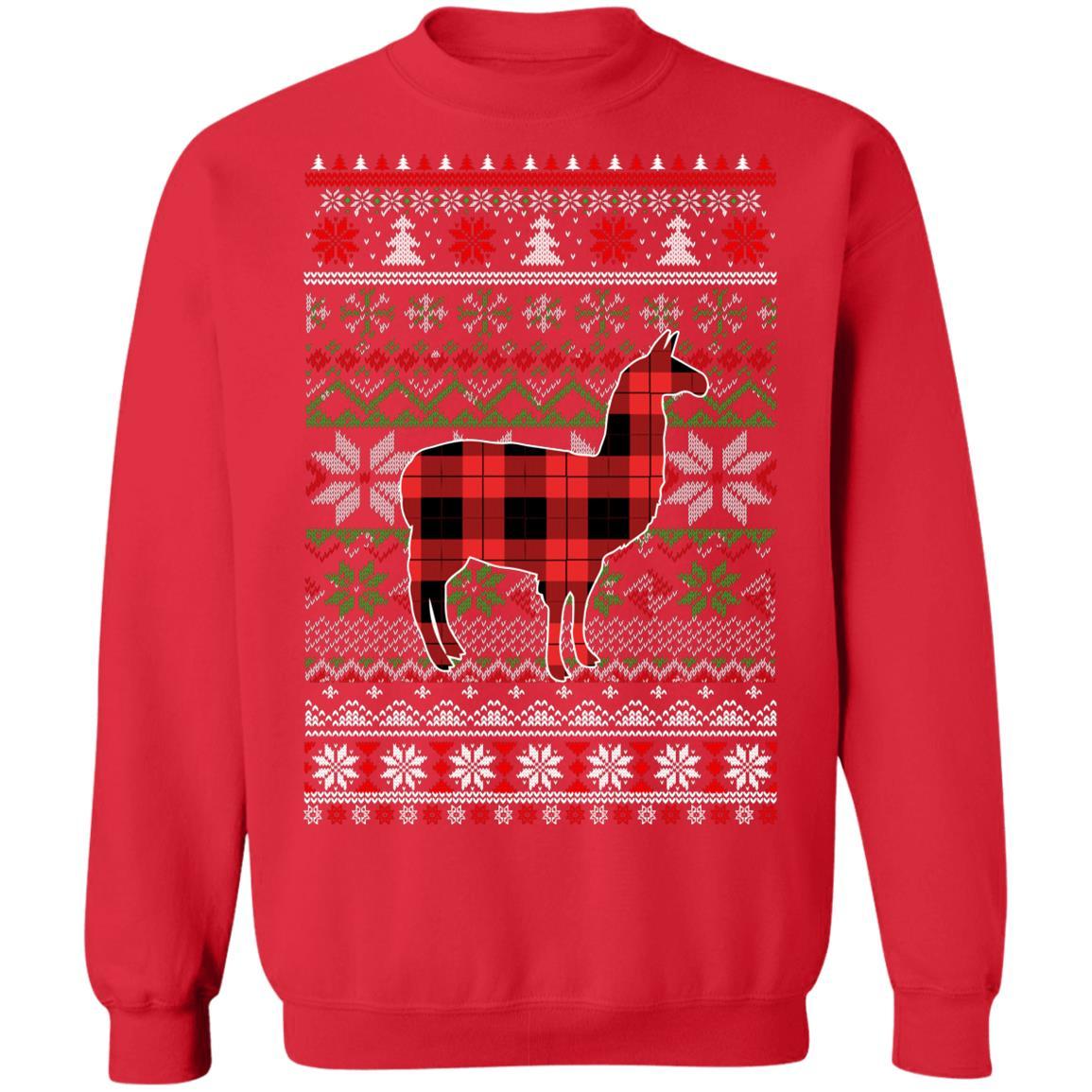 Llama Red Plaid Ugly Christmas Sweater Funny Gifts-T-Shirt & Sweatshirt-Crewneck Sweatshirt-Red