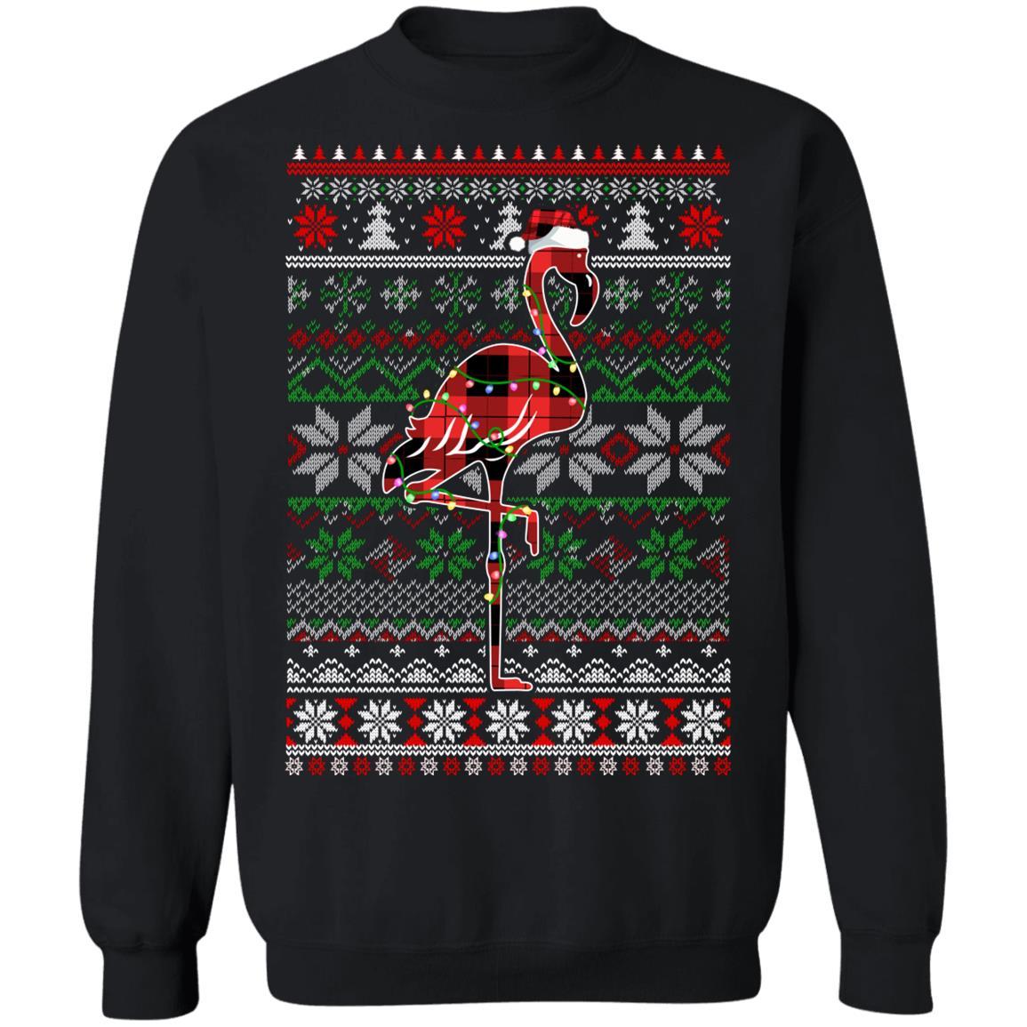Red Plaid Buffalo Flamingo Pajamas Christmas Sweater-T-Shirt & Sweatshirt-Crewneck Sweatshirt-Black