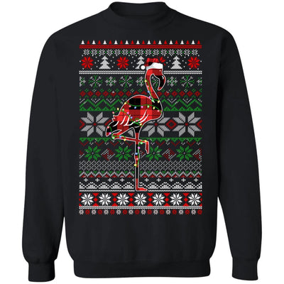 Red Plaid Buffalo Flamingo Pajamas Christmas Sweater-T-Shirt & Sweatshirt-Crewneck Sweatshirt-Black