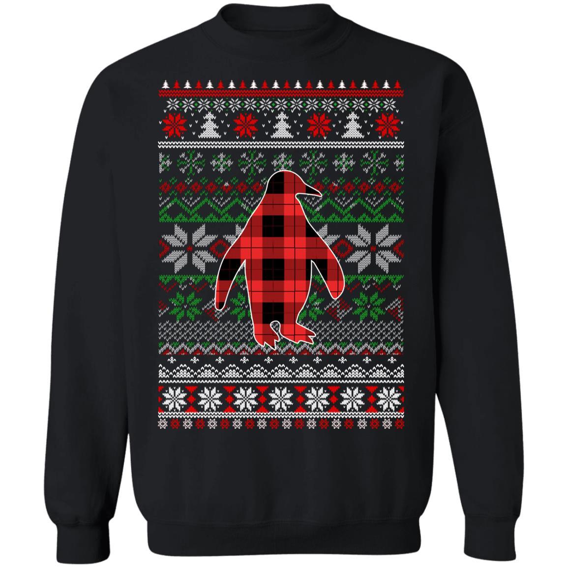 Penguin Red Plaid Ugly Christmas Sweater Funny Gifts-T-Shirt & Sweatshirt-Crewneck Sweatshirt-Black