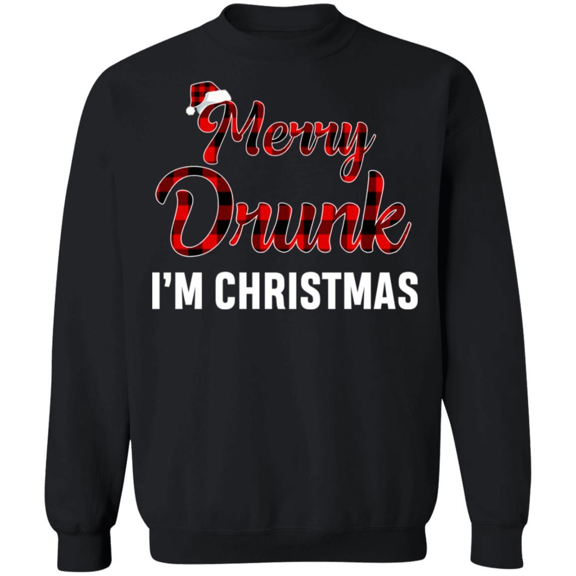 Red Plaid Xmas Drinking Wine Merry Drunk I'm Christmas-T-Shirt & Sweatshirt-Crewneck Sweatshirt-Black
