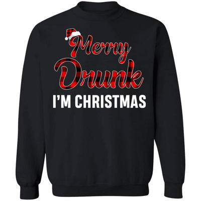 Red Plaid Xmas Drinking Wine Merry Drunk I'm Christmas-T-Shirt & Sweatshirt-Crewneck Sweatshirt-Black