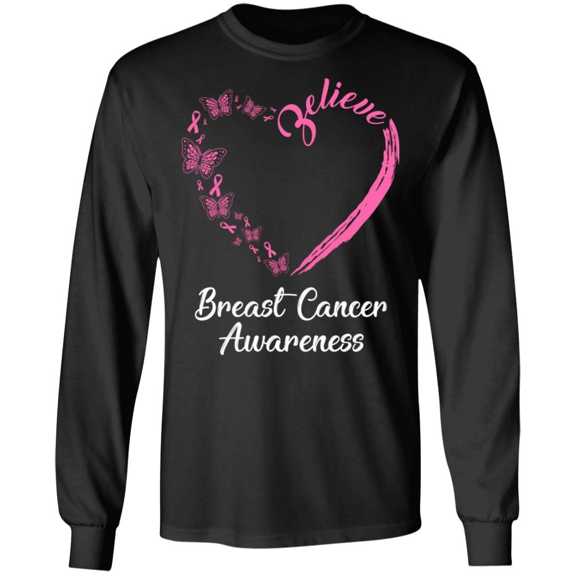 Butterfly Believe Breast Cancer Awareness Ribbon Gifts-T-Shirt & Hoodie-Long Sleeve T-Shirt-Black