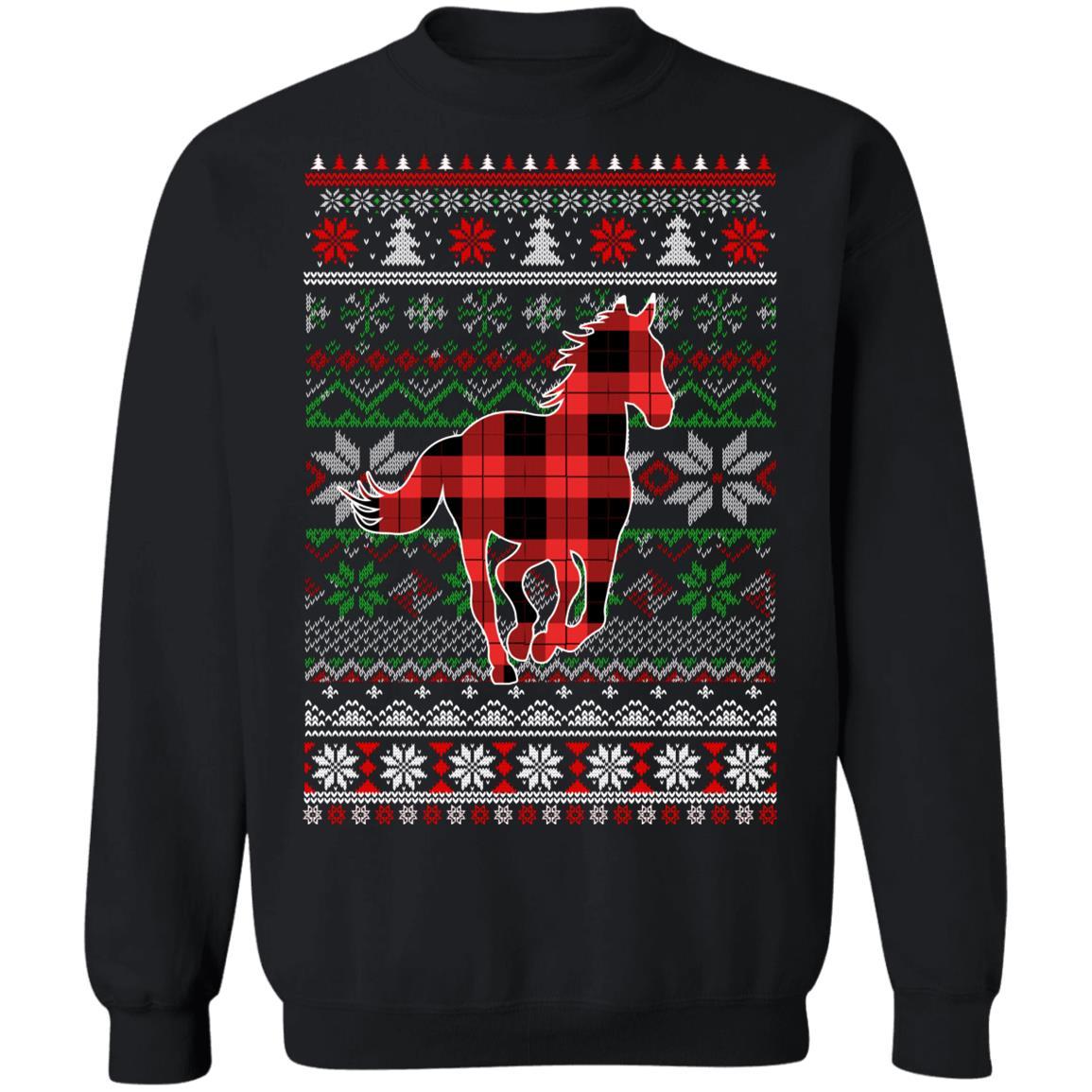 Horse Red Plaid Ugly Christmas Sweater Funny Gifts-T-Shirt & Sweatshirt-Crewneck Sweatshirt-Black