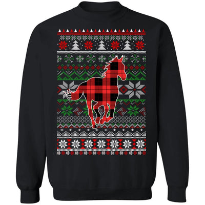 Horse Red Plaid Ugly Christmas Sweater Funny Gifts-T-Shirt & Sweatshirt-Crewneck Sweatshirt-Black