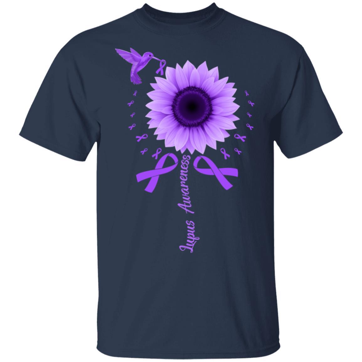 Hummingbird Sunflower Purple Ribbon Lupus Awareness-T-Shirt & Hoodie-Classic T-Shirt-Navy