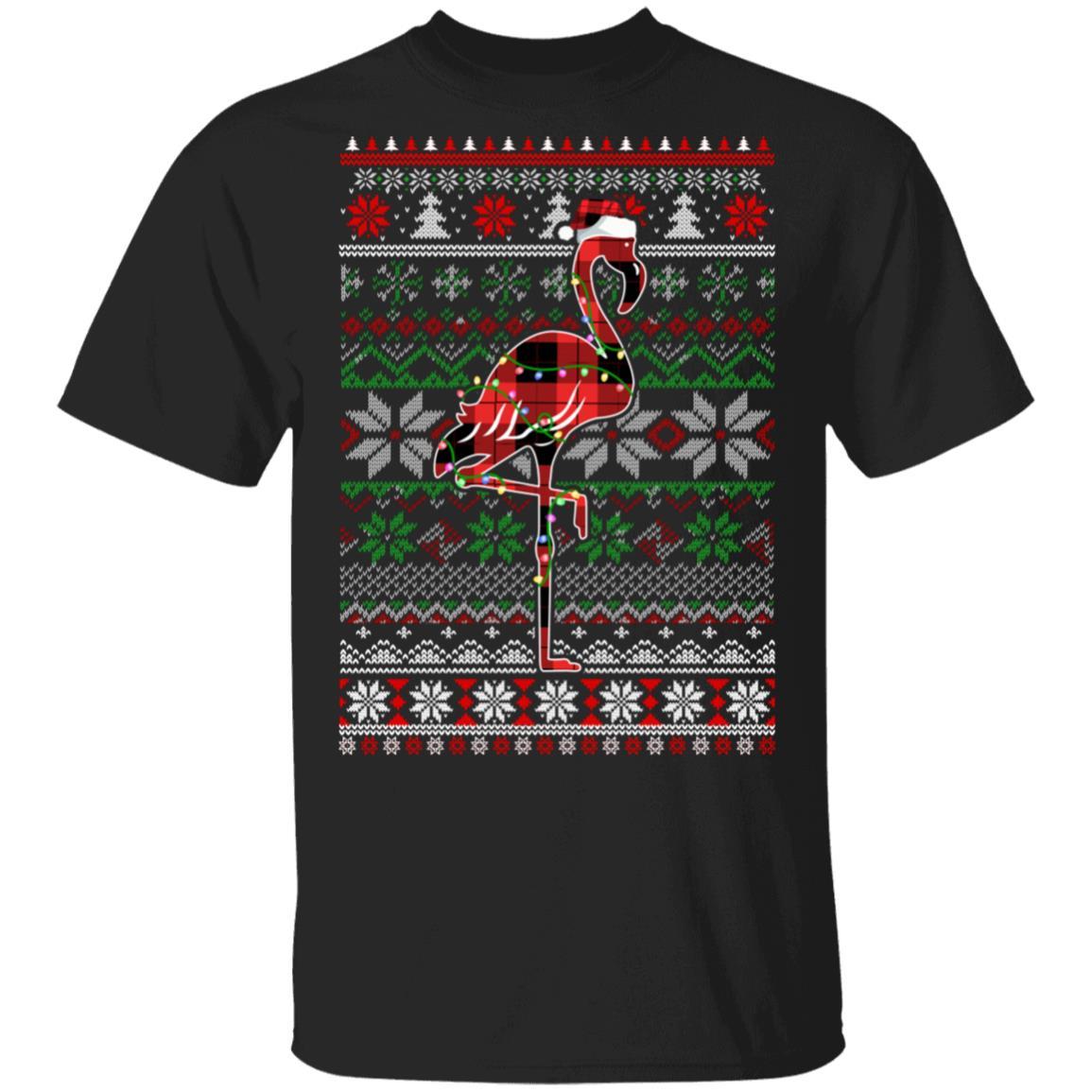 Red Plaid Buffalo Flamingo Pajamas Christmas Sweater-T-Shirt & Sweatshirt-Classic T-Shirt-Black