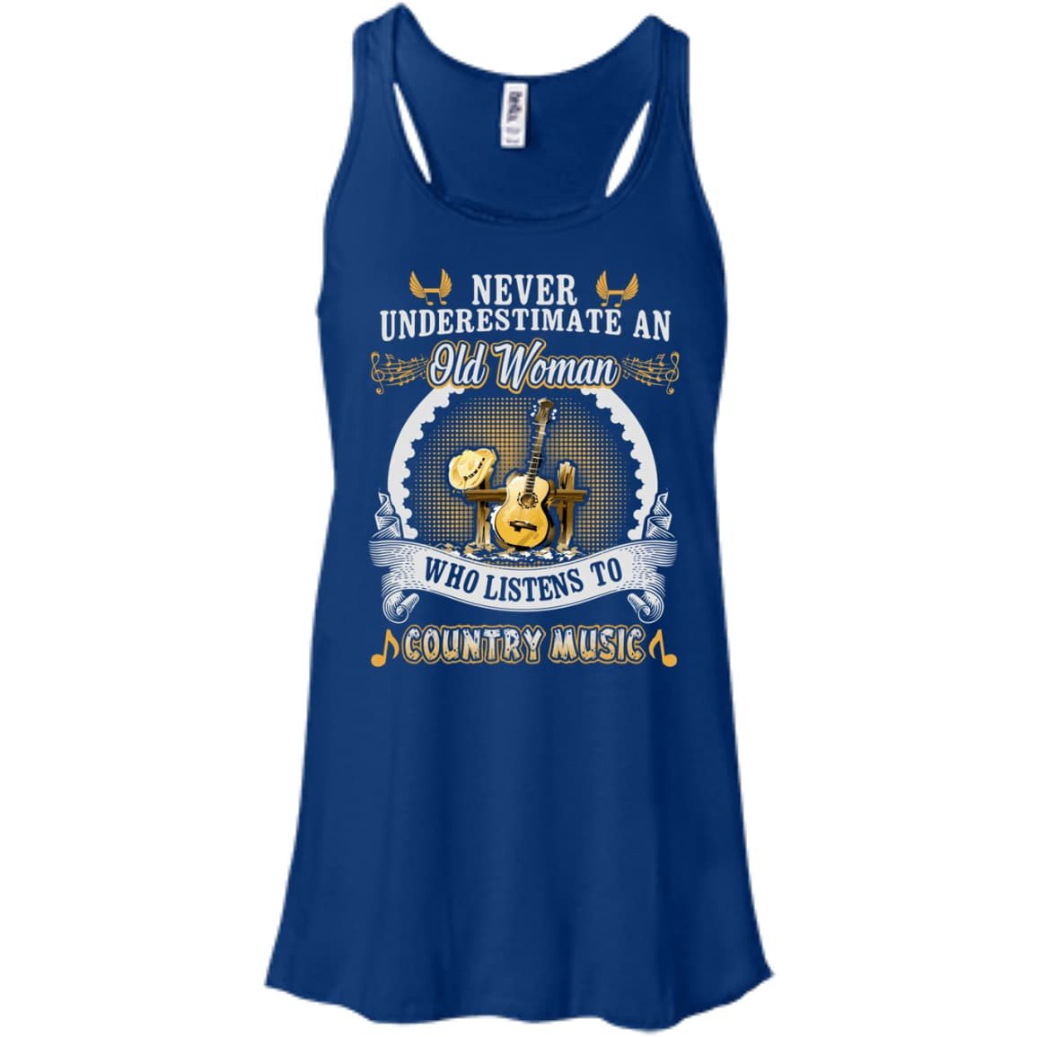 An Old Woman Listen To Country Music-T-Shirt & Hoodie-Women's Flowy Racerback Tank-True Royal