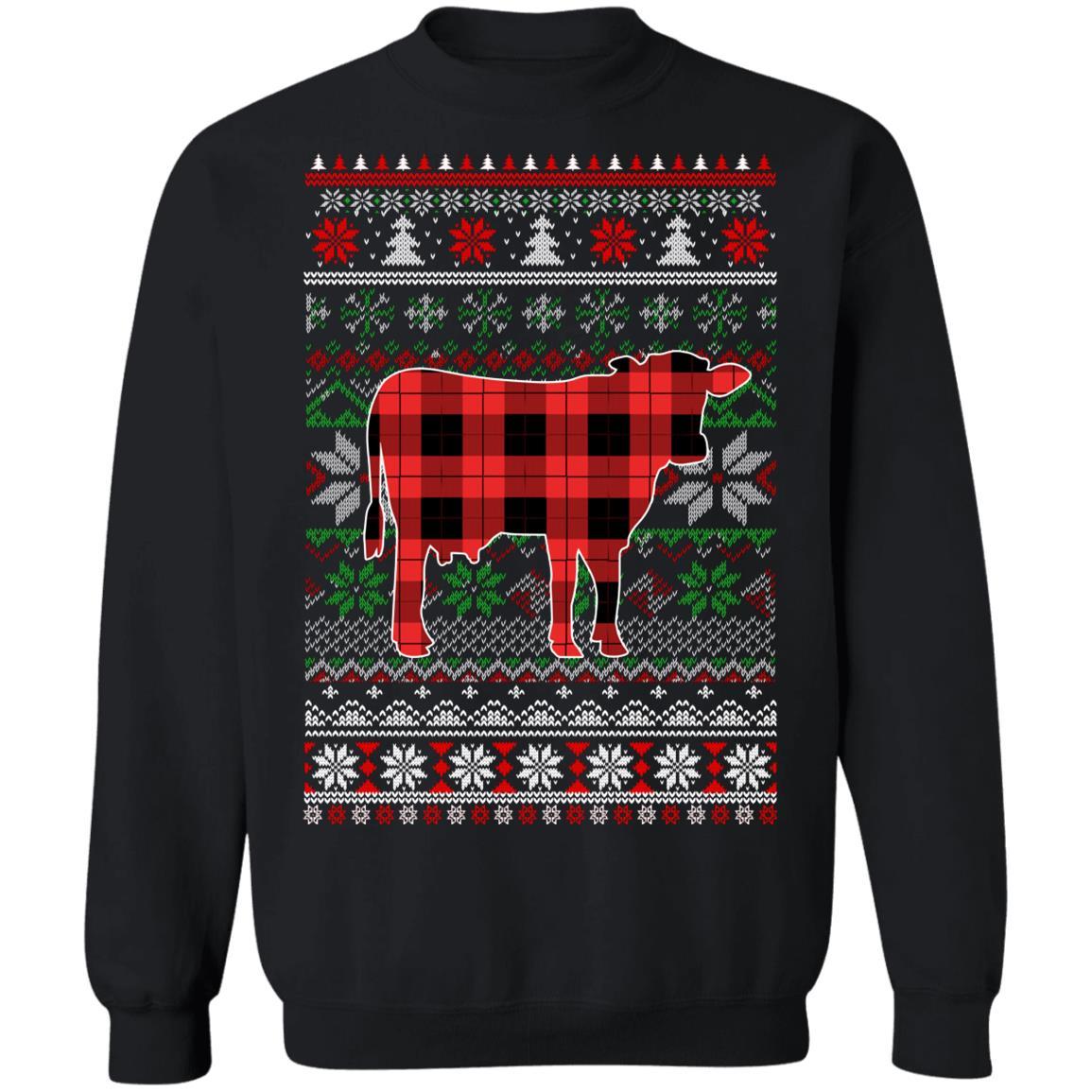 Cow Red Plaid Ugly Christmas Sweater Funny Gifts-T-Shirt & Sweatshirt-Crewneck Sweatshirt-Black