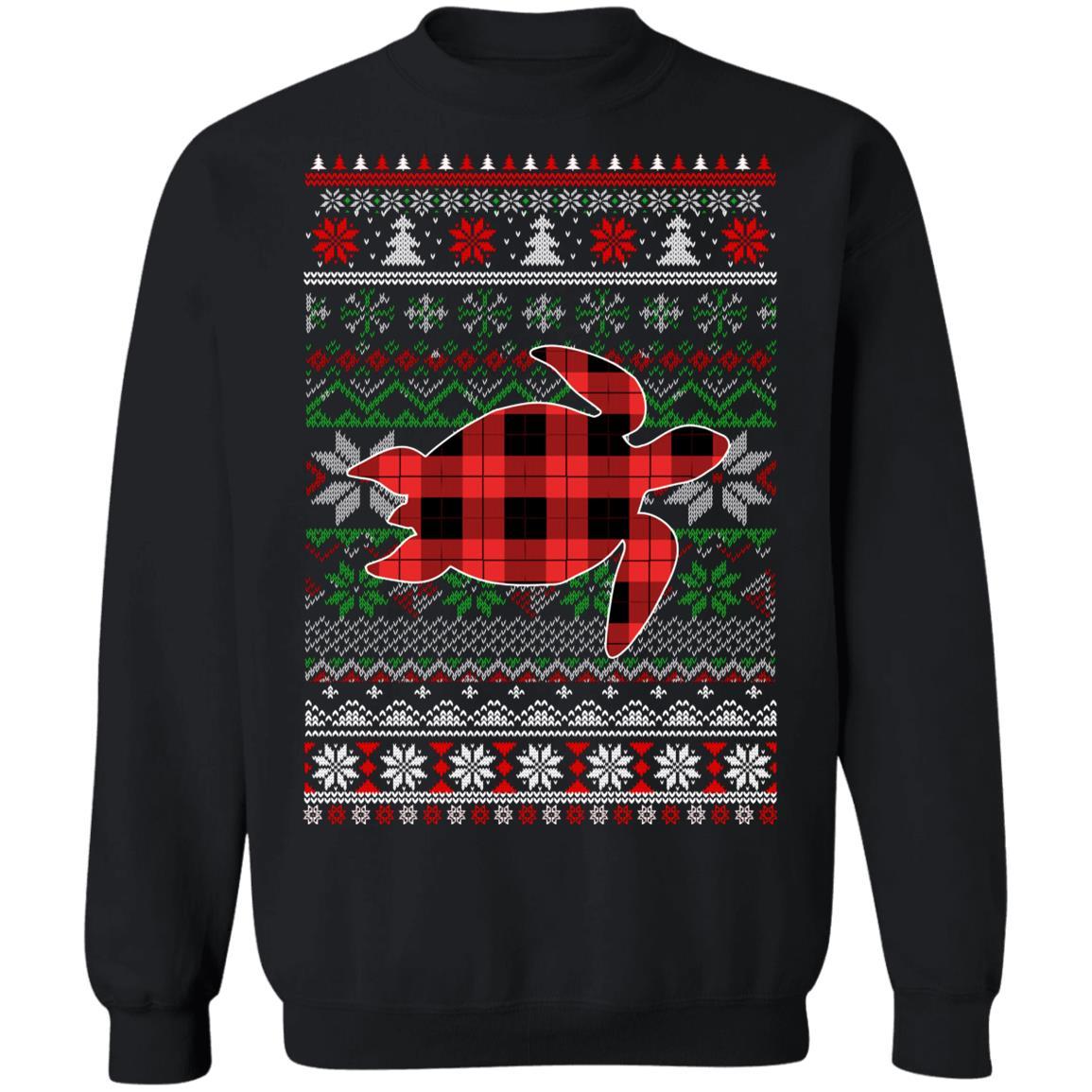 Turtle Red Plaid Ugly Christmas Sweater Funny Gifts-T-Shirt & Sweatshirt-Crewneck Sweatshirt-Black