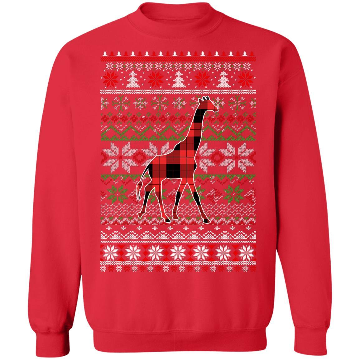 Giraffe Red Plaid Ugly Christmas Sweater Funny Gifts-T-Shirt & Sweatshirt-Crewneck Sweatshirt-Red