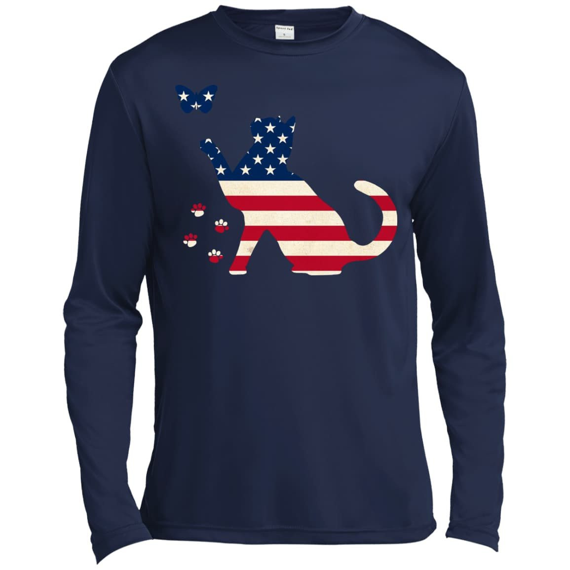 Meowica Cat American Flag 4th of July-T-Shirt & Hoodie-Long Sleeve T-Shirt-Navy