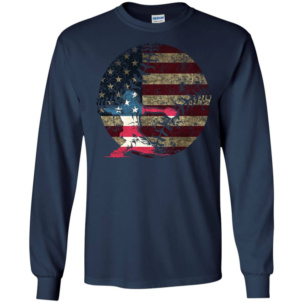 Catcher Baseball America Flag-T-Shirt & Hoodie-Long Sleeve T-Shirt-Navy
