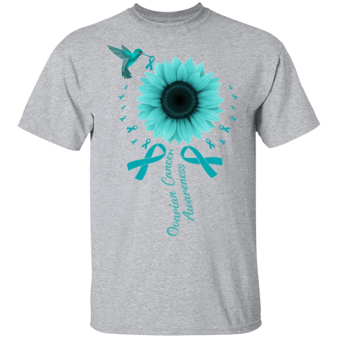 Hummingbird Sunflower Teal Ribbon Ovarian Cancer Awareness-T-Shirt & Hoodie-Classic T-Shirt-Sport Grey