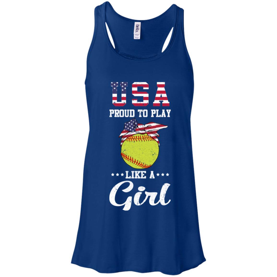 Usa Proud To Play Like A Girl Softball-T-Shirt & Tank Top-Women's Flowy Racerback Tank-True Royal