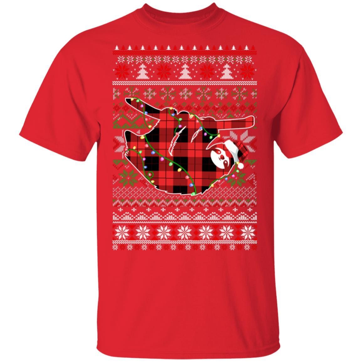 Red Plaid Buffalo Sloth Pajamas Family Christmas Sweater-T-Shirt & Sweatshirt-Classic T-Shirt-Red